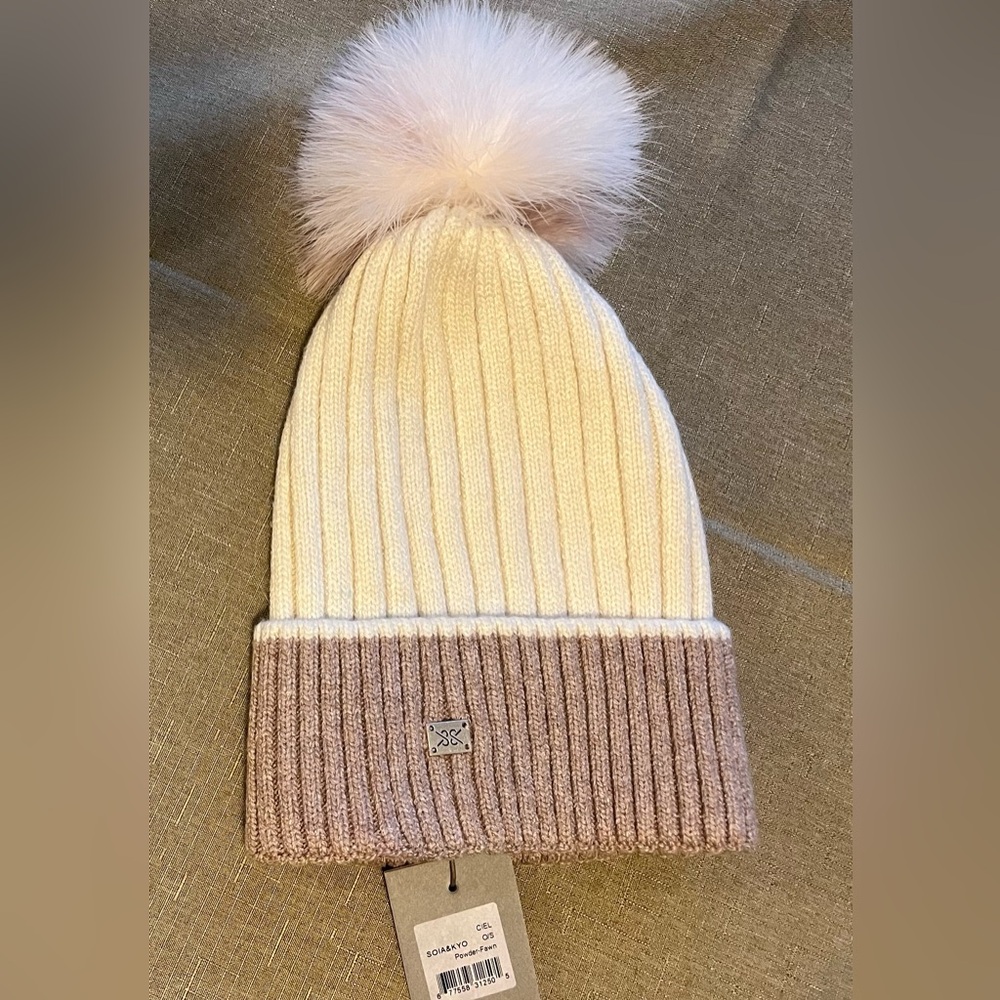 SOIA & KYO Ciel Rib-knit Beanie Hat with Detachable Feather Pom Pom